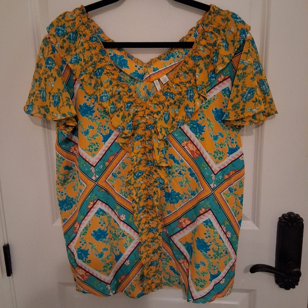 Cato Yellow and Blue Diamond Patteren Blouse Rufffle Neck